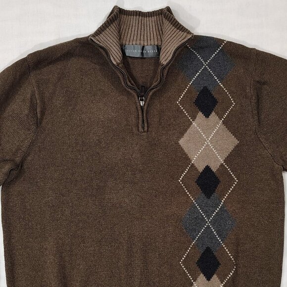 Oscar De La Renta Argyle Sweater Mens Sz Large 1/4 Zip Mock Neck Pullover Brown - Picture 3 of 15